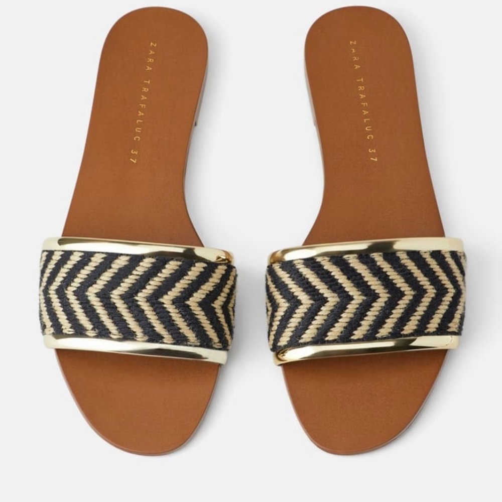 ZARA CHEVRON PRINT NATURAL FABRIC FLATS SIZE 37 US 6.5